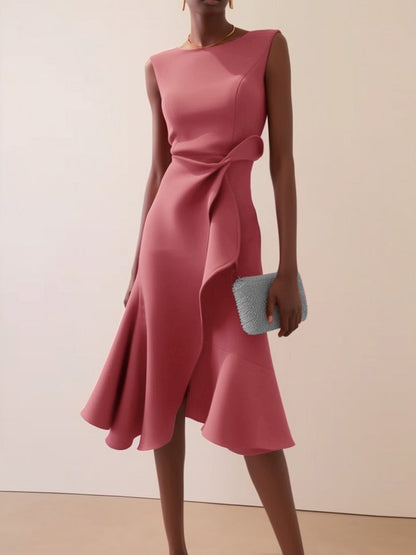 Sleeveless Red Elegant Dress Round Neck