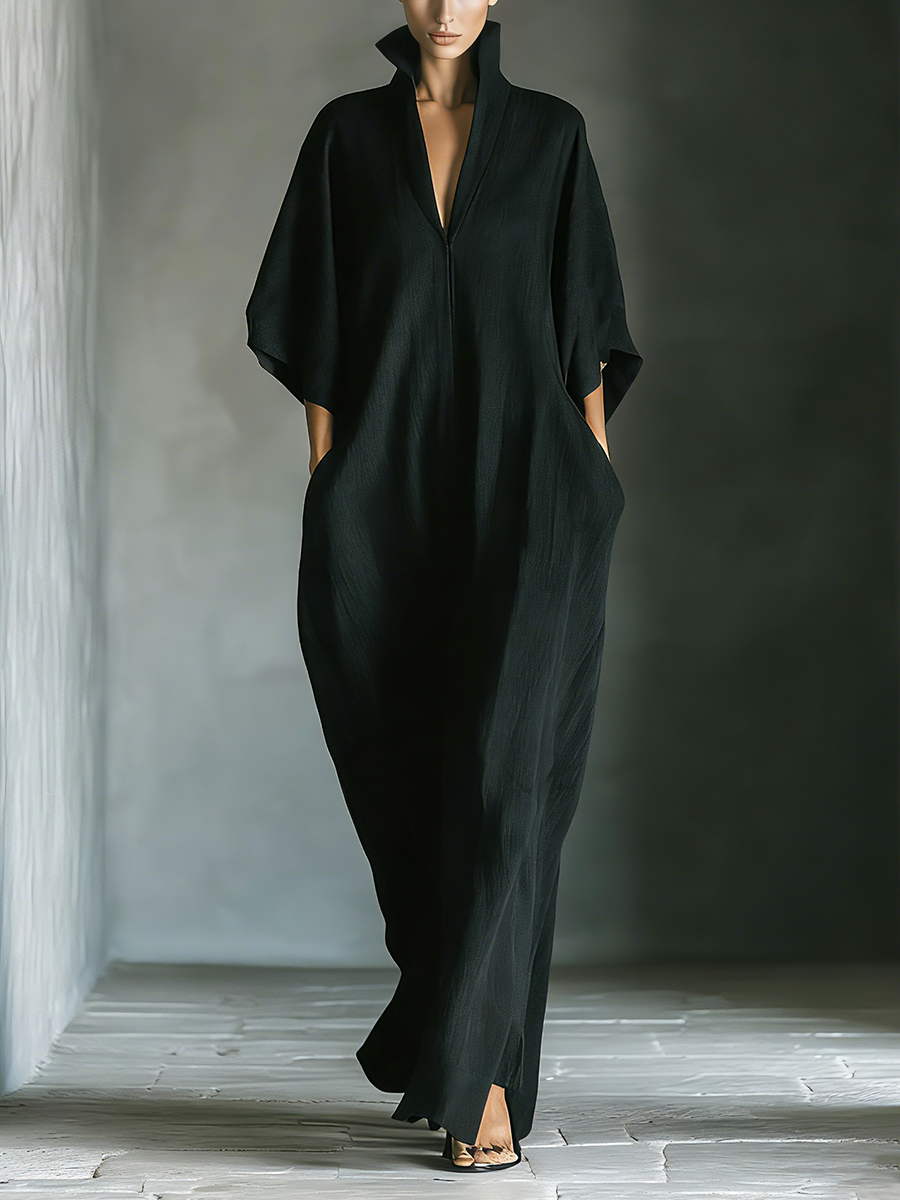Women's Black Cotton Blend Fabric Oversized Kimono-Sleeve Maxi Dress With Pockets