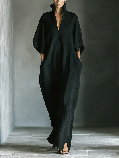 Women's Black Cotton Blend Fabric Oversized Kimono-Sleeve Maxi Dress With Pockets