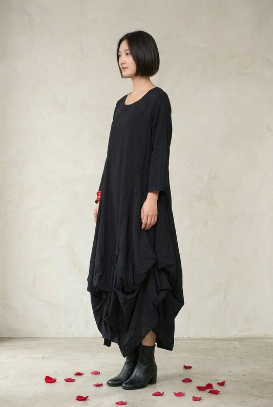 Solid Round Neck Slouchy Asymmetrical Hem Midi Dress