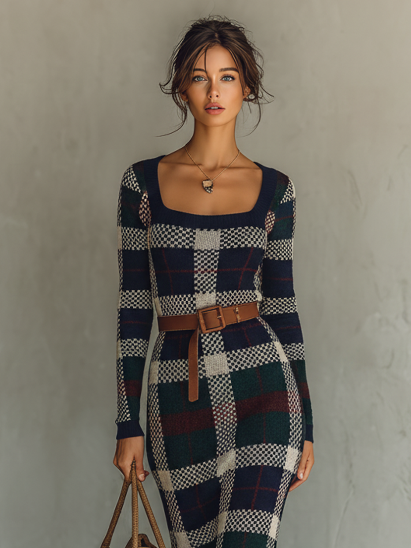 Women's Minimalist Check Knit Belted Square Neck Maxi Dress