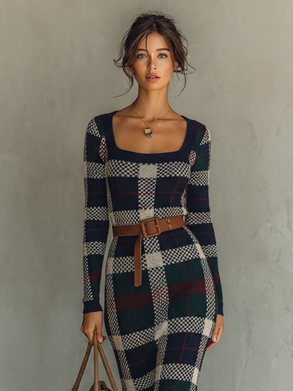 Women's Minimalist Check Knit Belted Square Neck Maxi Dress