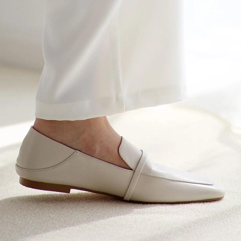 Cow Leather Square Toe Women Flats Casual Loafers Women Shoe Without Heel  New Spring Autumn Mules Woman Simple White Shoes