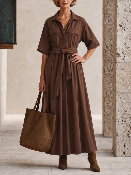 Women's Pocket Design Casual Solid Stand Collar Three Quarter Sleeve Dress