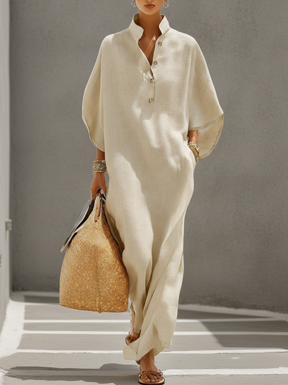 Women's Oatmeal Linen Dress With Mandarin Collar & Dolman Sleeves, Timeless Resort-Casual Style Dress