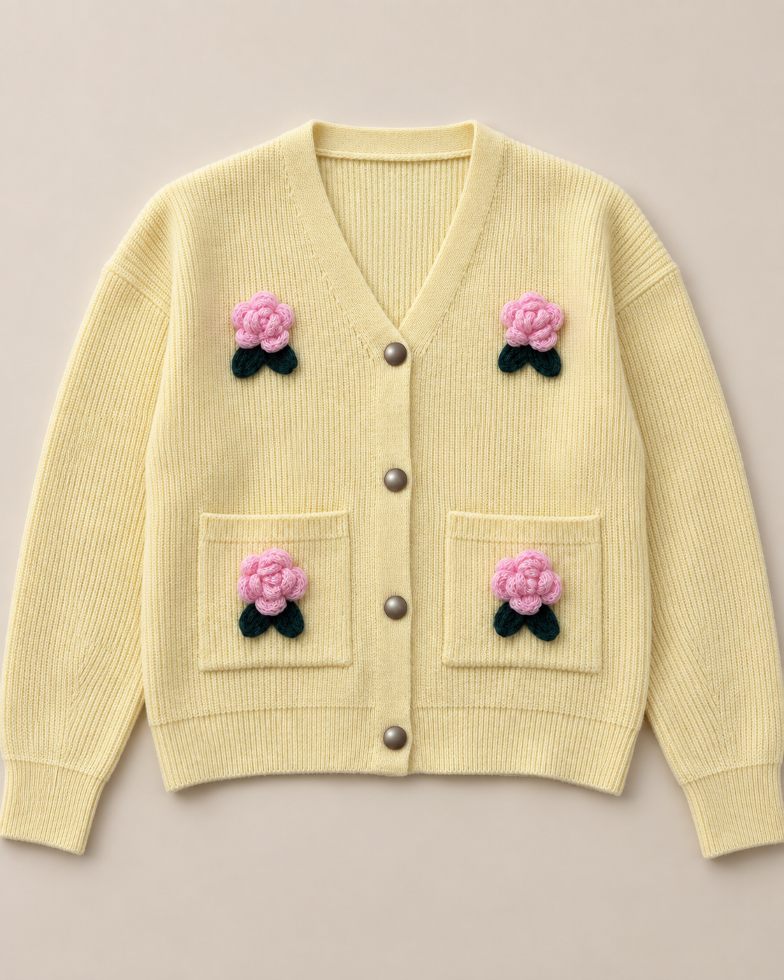 Women's Floral Wool Cardigan – V-Neck Rose Detail Button-Up Sweater