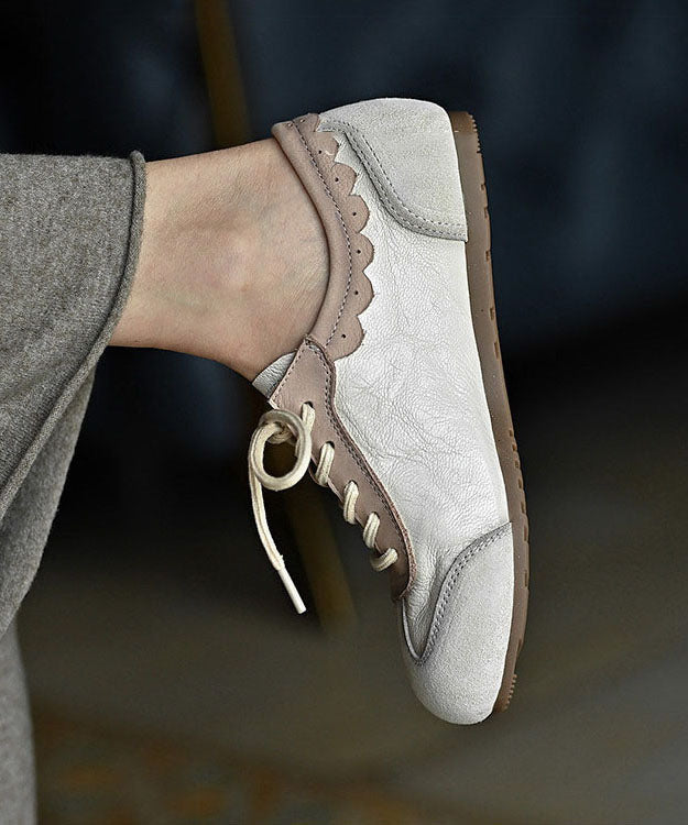 Beige Cowhide Leather Splicing Comfortable Flat Shoes Lace Up