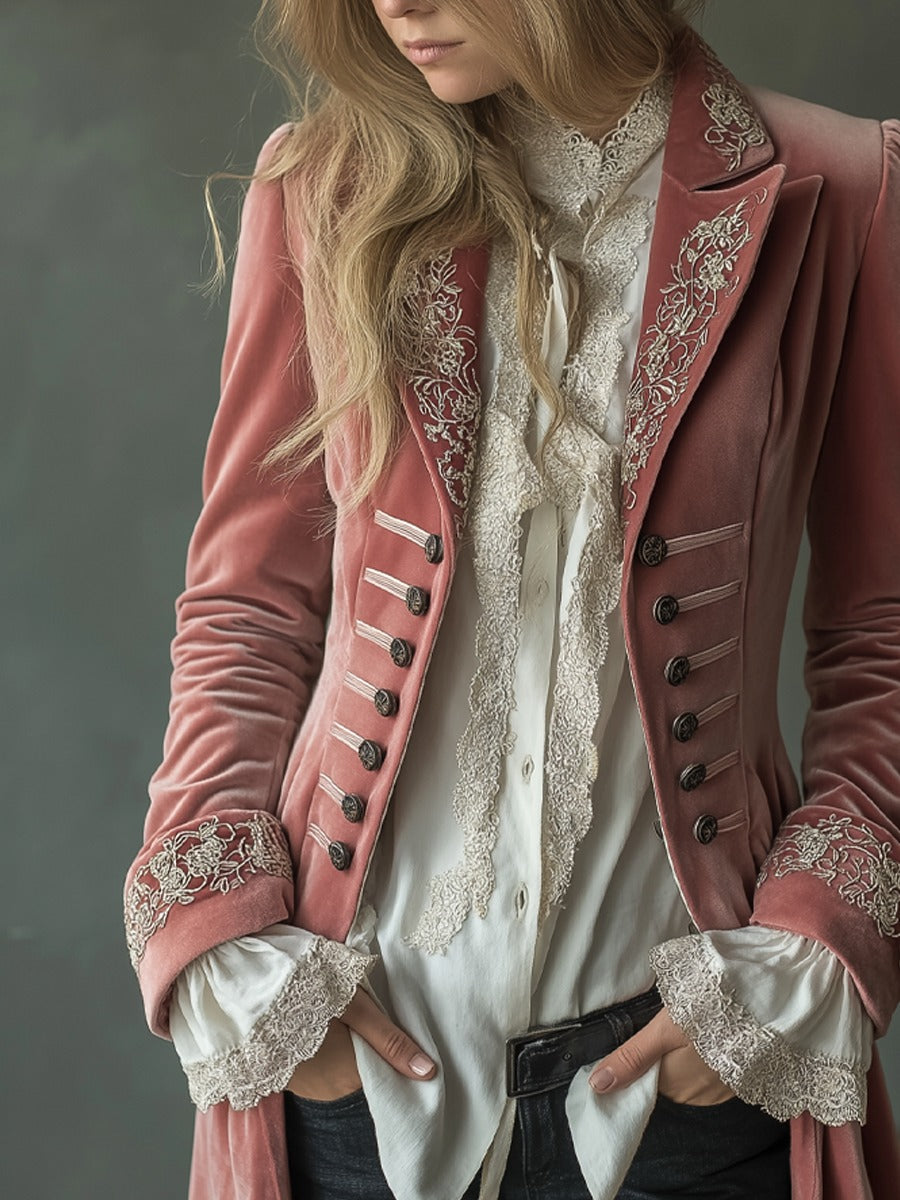 Retro Floral Embroidery Poly Velvet Coat