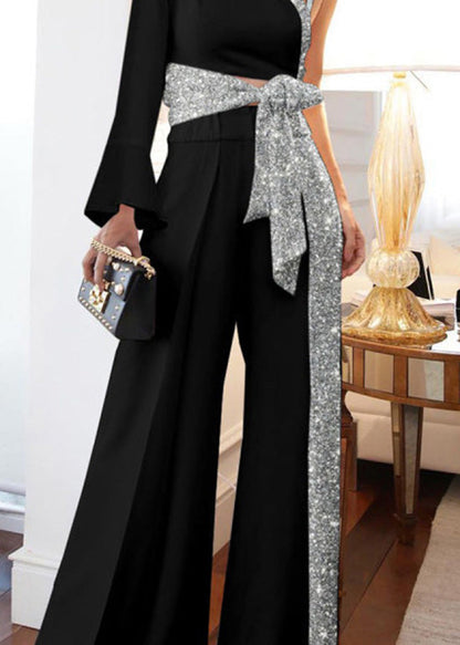 Fashion Blue Cold Shoulder Sequins Tie Waist Jumpsuits Summer