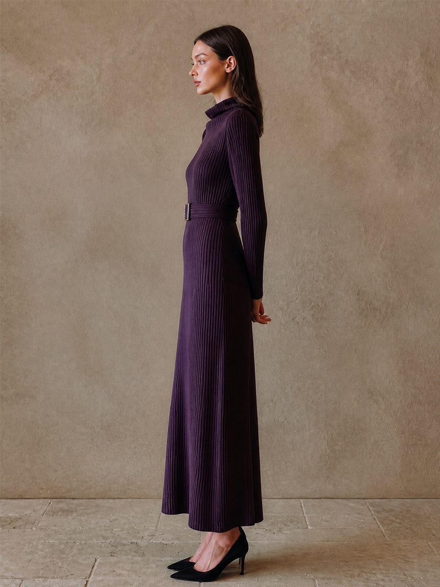 Women's Ribbed Turtleneck Long Sleeve Evening Knit Maxi Dress