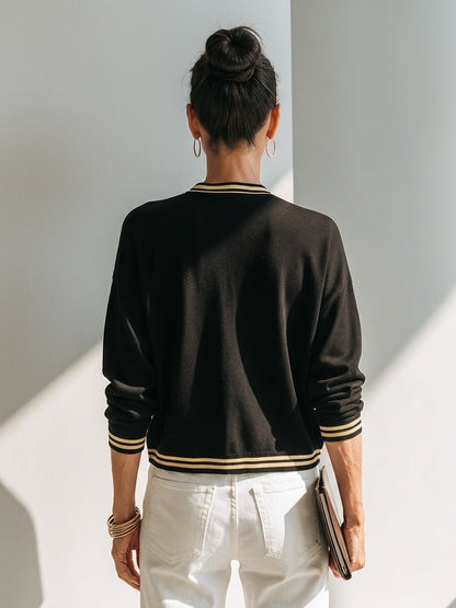 Women's Color-Contrast Striped V-Neck Cropped Knit Cardigan