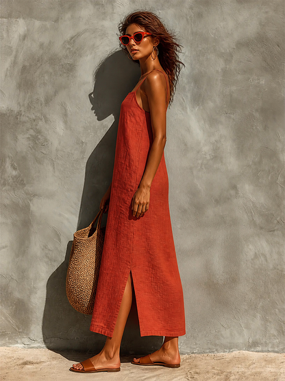 Women's Red Cotton Dress With Spaghetti Straps & Square Neck, Timeless Boho-Resort Style Dress