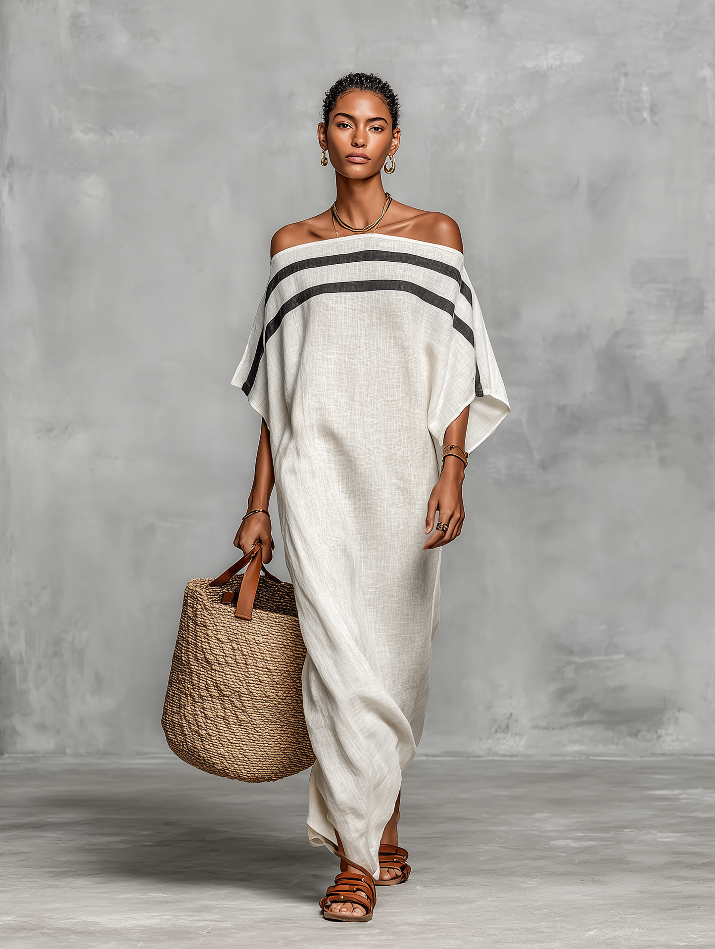 Women's Minimalist Linen Blend Off-the-shoulder Batwing Sleeve Straight-cut Maxi Dress