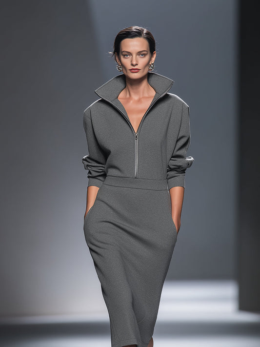 Women's Casual Cotton Polyester Half  Zip Midi Dress