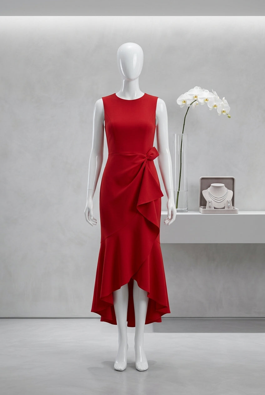 Sleeveless Red Elegant Dress Round Neck