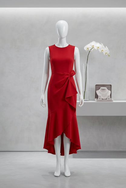 Sleeveless Red Elegant Dress Round Neck