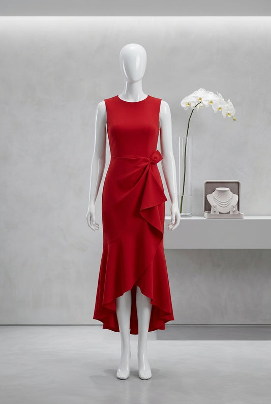 Sleeveless Red Elegant Dress Round Neck