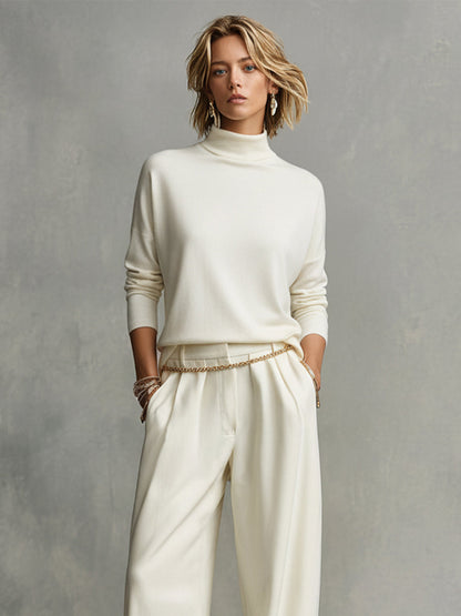 Women's Ivory Soft Knit Turtleneck with Oversized Silhouette & High Neck, Contemporary Effortless-Chic Style Top