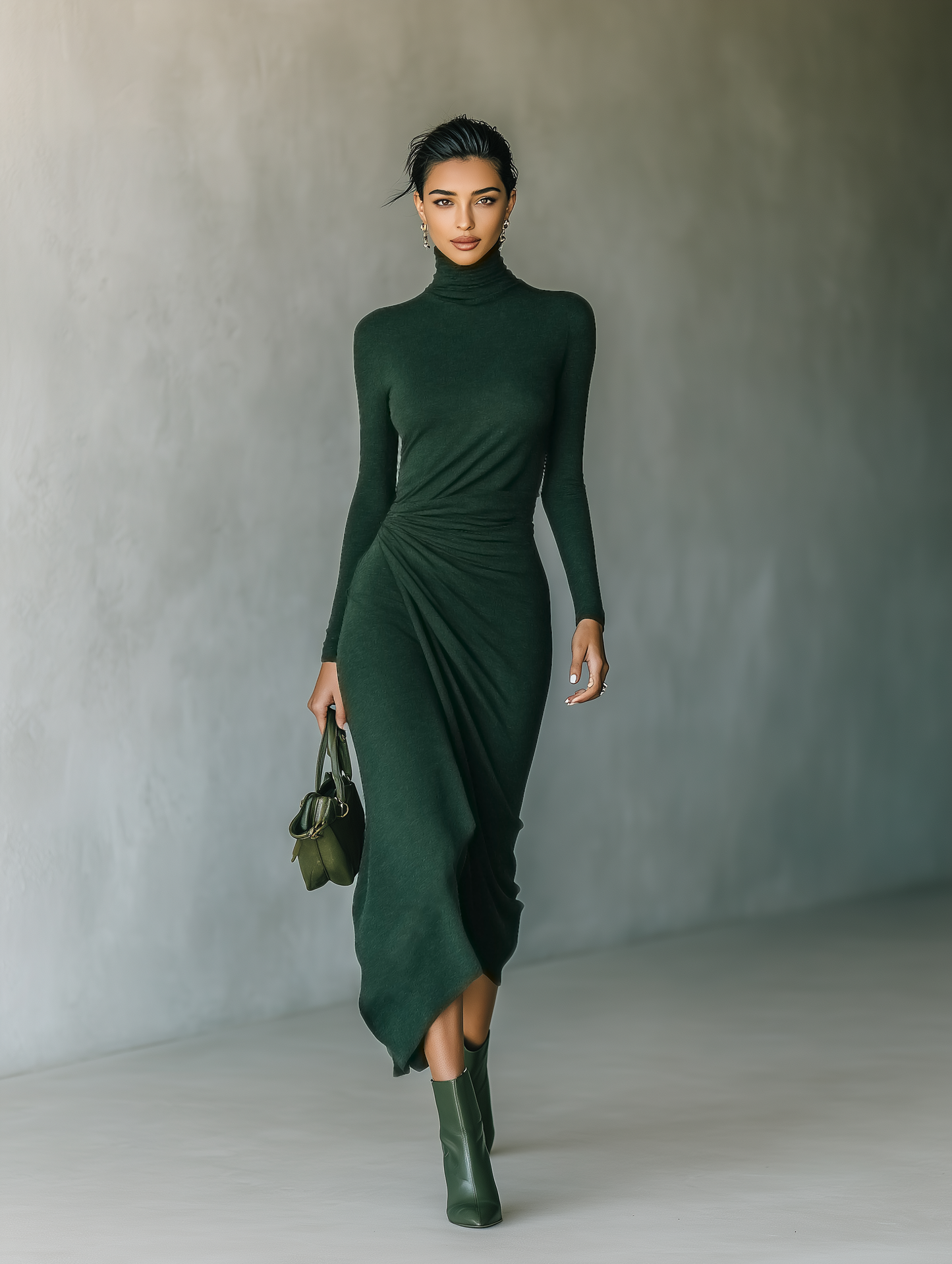 Women's Dark Green High-elastic Knitted High-neck Wrap Dress Midi Dress