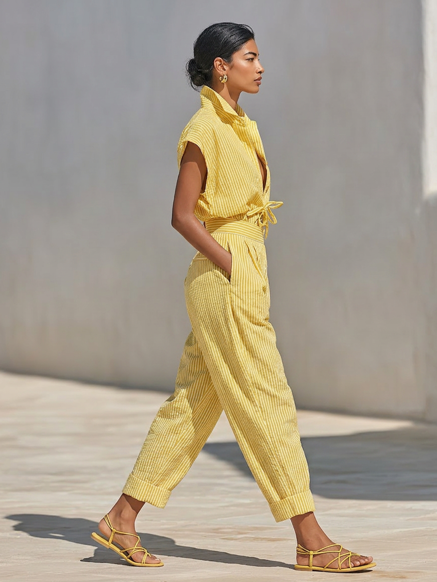 Women's Lemon Vertical Stripe Textured Co-Ord With Front Button Blouse & Side Pocket Tapered Trousers, Effortless-Chic Beach Casual Outfit