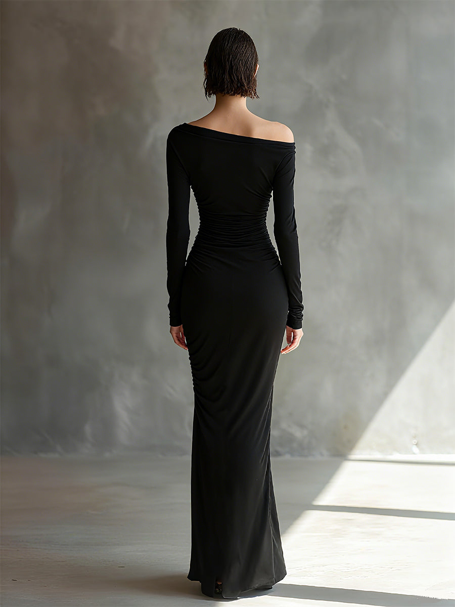 Women's Black Elegant Jersey Off - Shoulder Ruched Slit Maxi Dress