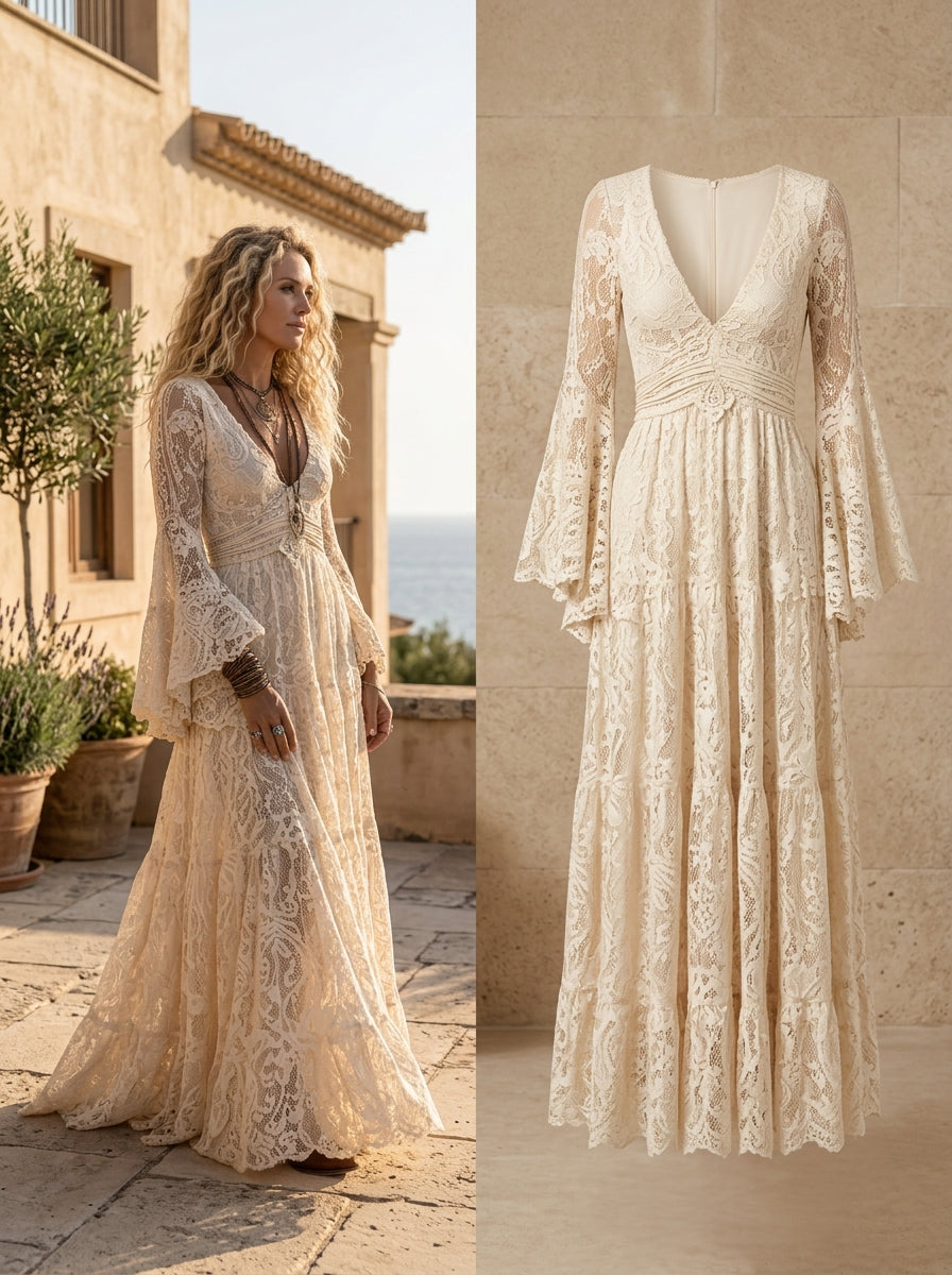 French Apricot V Neck Ruffled Lace Long Dresses