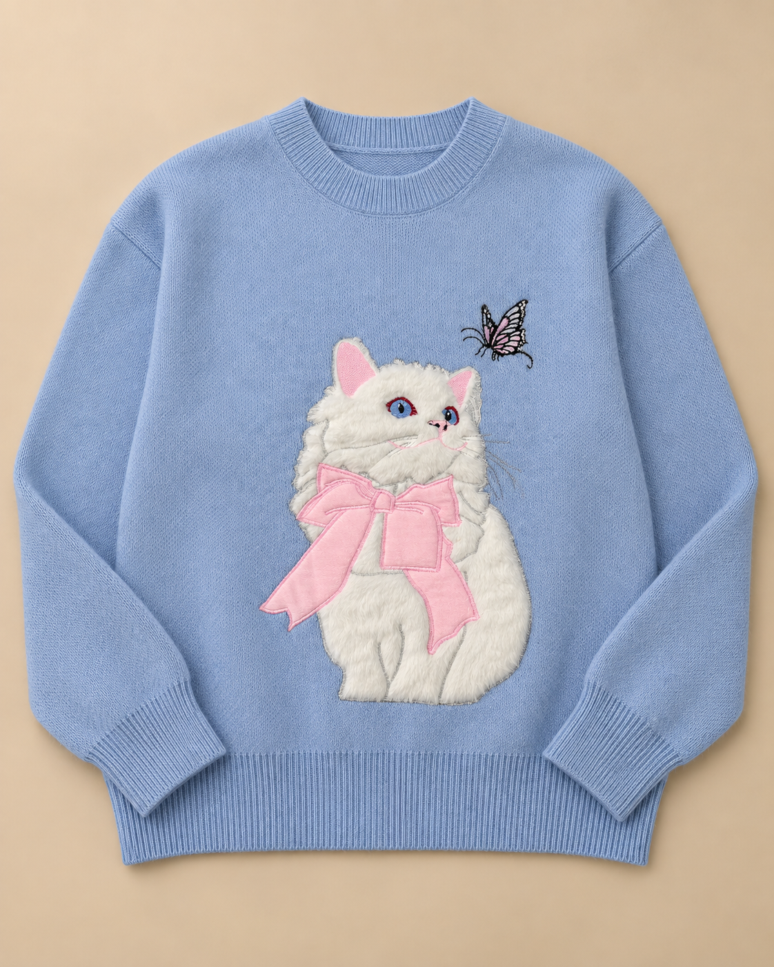 Women's Cat Wool Sweater – Crewneck Long Sleeve Knit Pullover