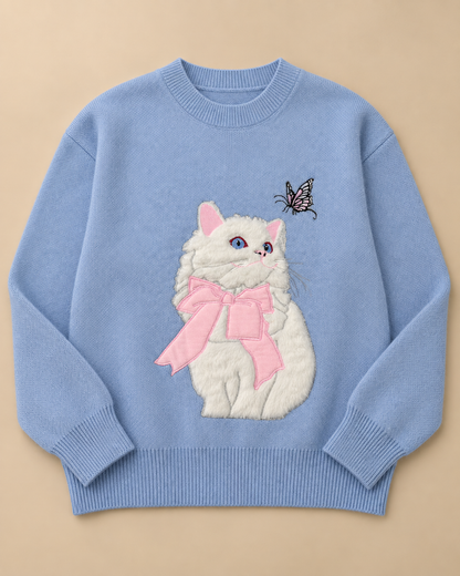 Women's Cat Wool Sweater – Crewneck Long Sleeve Knit Pullover