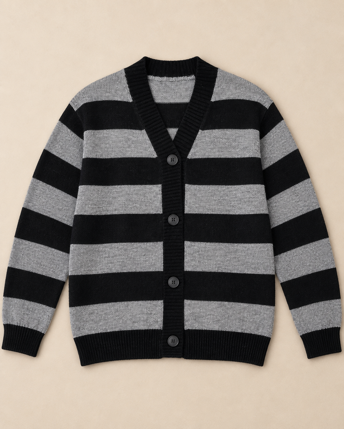 Women's Wide Stripe Cardigan – V-Neck Button-Up Knit Sweater