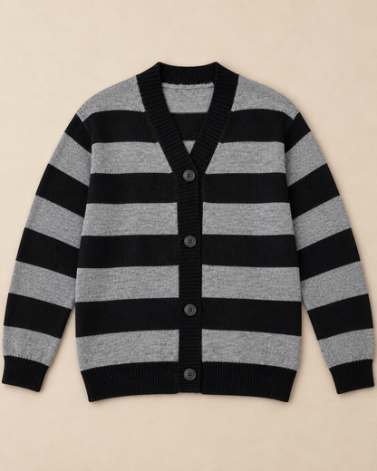 Women's Wide Stripe Cardigan – V-Neck Button-Up Knit Sweater