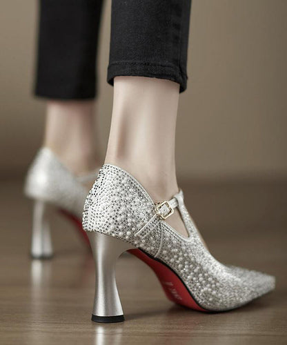 Comfy Splicing High Heels Pointed Toe Silver Cowhide Leather Zircon