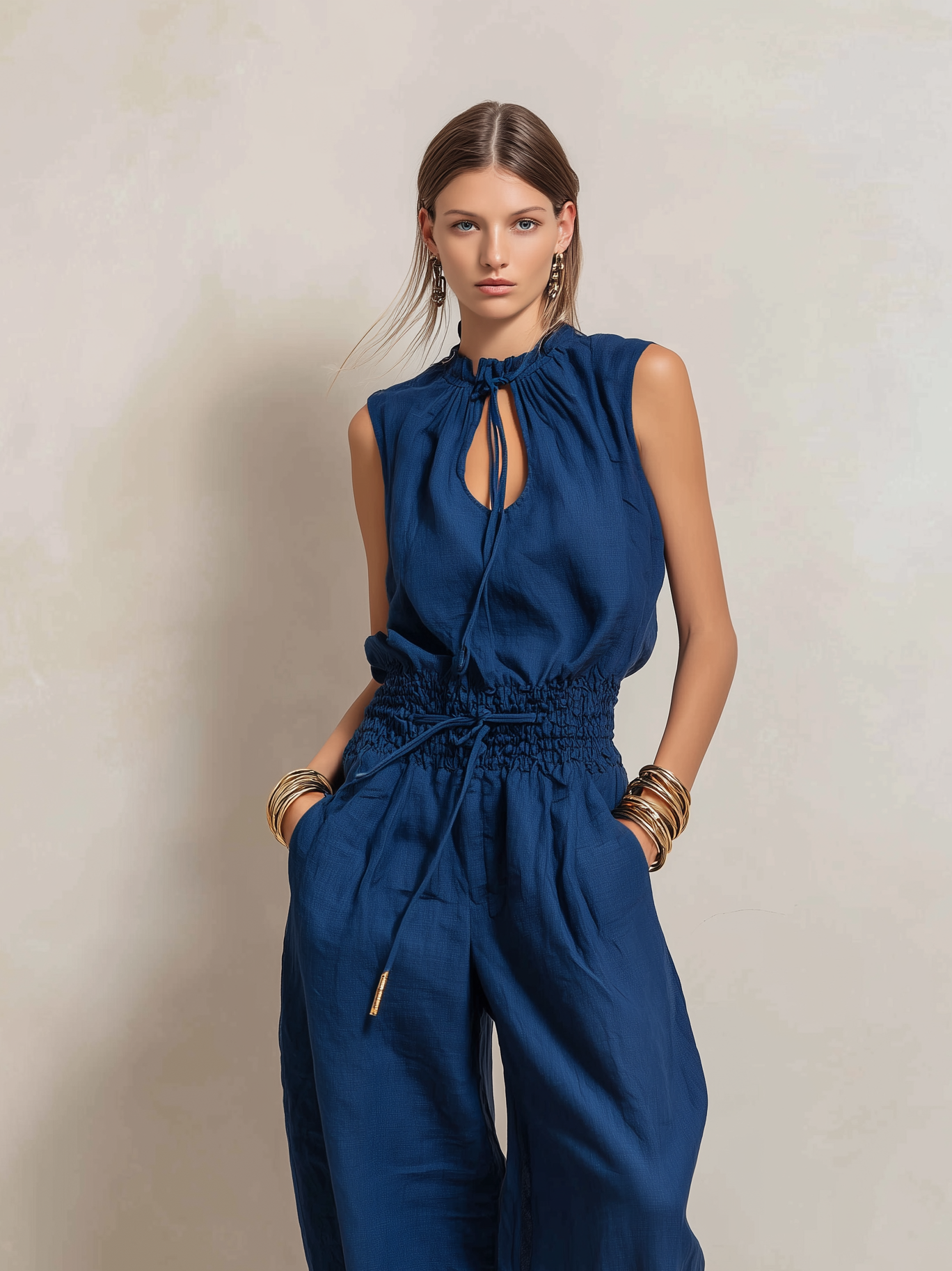 Women's Elegant Dark Blue Cotton-Linen Sleeveless Jumpsuit With Round Neck