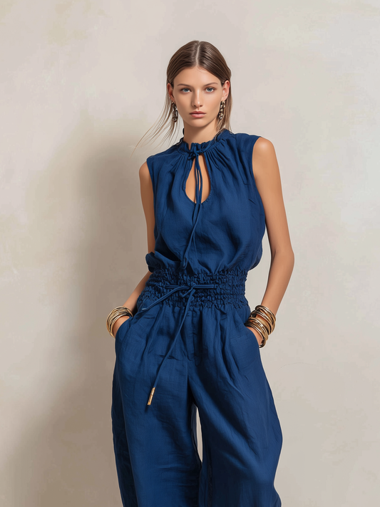 Women's Elegant Dark Blue Cotton-Linen Sleeveless Jumpsuit With Round Neck