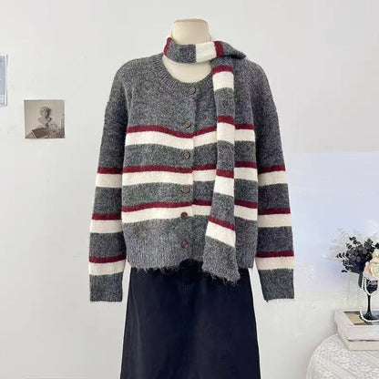 Women's Striped Wool Cardigan with Scarf – Relaxed-Fit Button-Front Knit Sweater