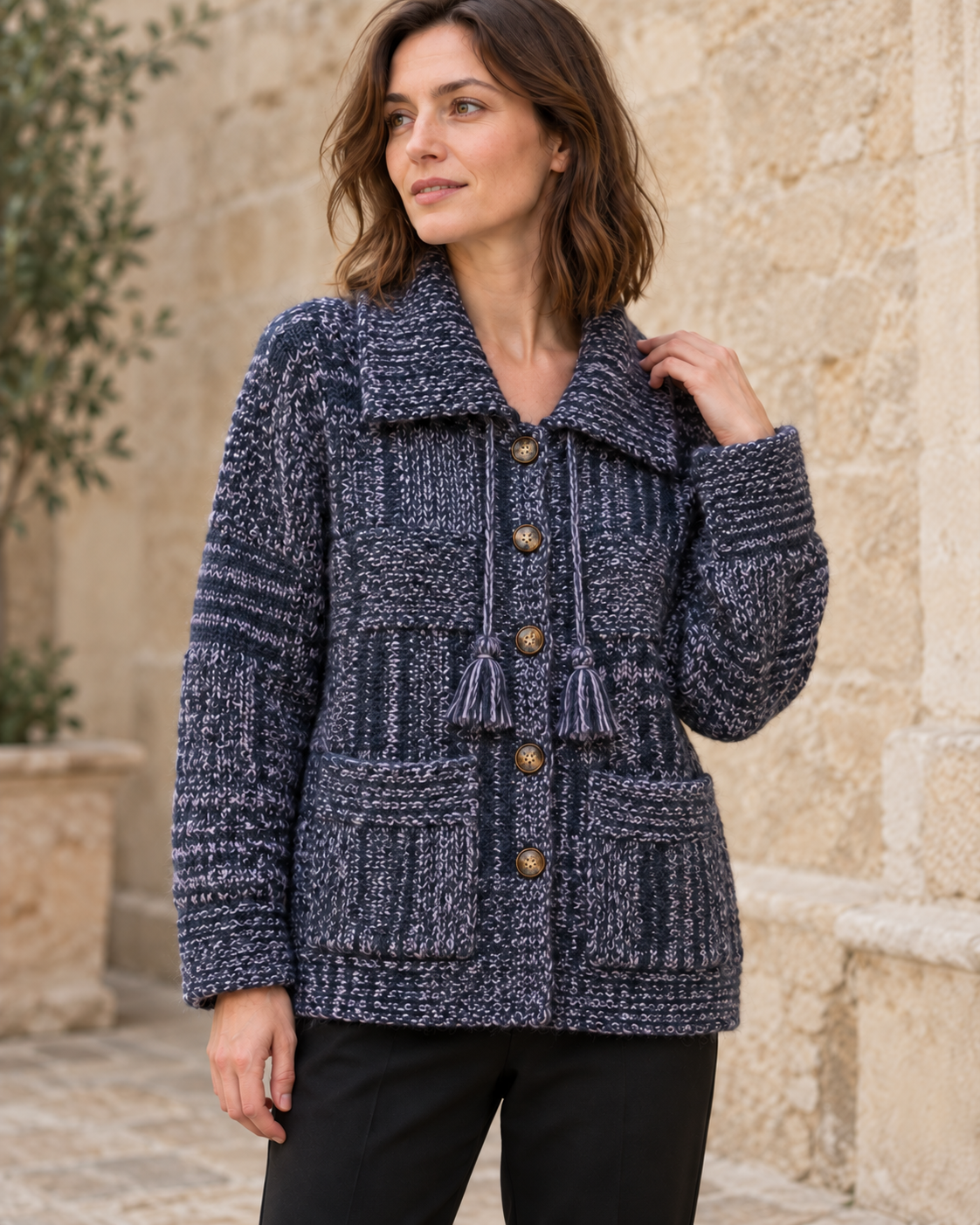 Women's Textured Wool Cardigan – Collared Button-Up Sweater with Pockets