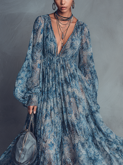 Women's Bohemian Style Blue Floral Print V-Neck Lantern Sleeve Chiffon Maxi Dress