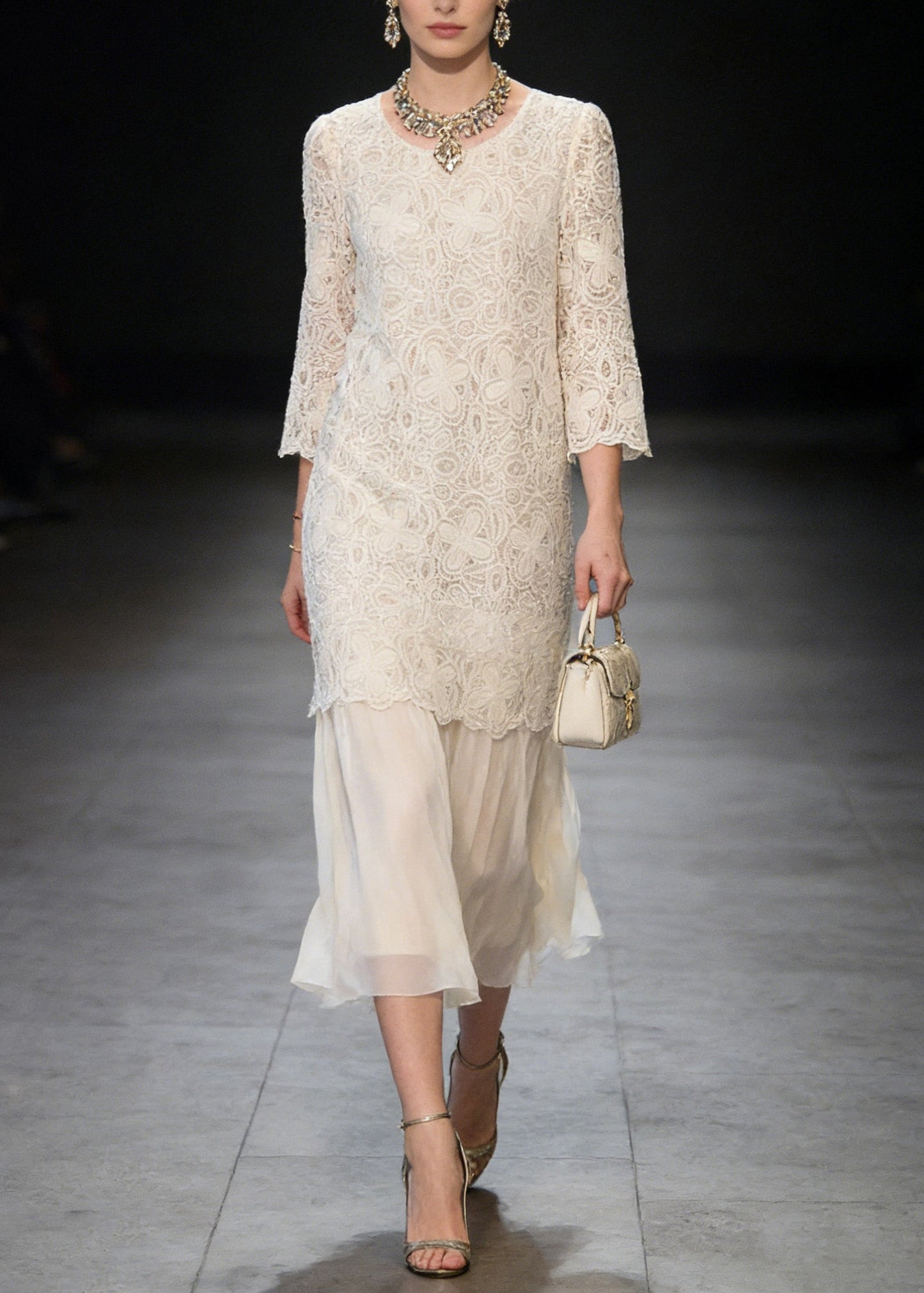 French Beige O Neck Patchwork Lace Dresses Summer