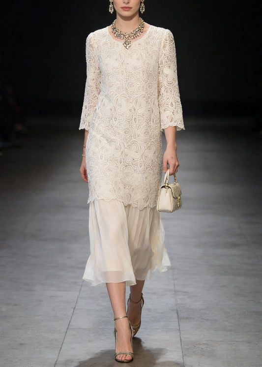 French Beige O Neck Patchwork Lace Dresses Summer