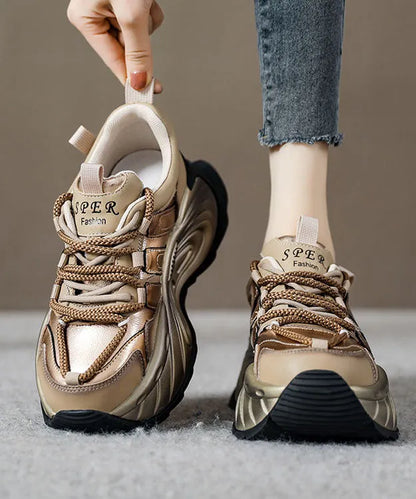 Gold Flat Shoes For Platform Genuine Leather  Splicing Cross Strap