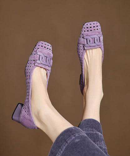 Blue Chunky Heels Suede Elegant Hollow Out Splicing