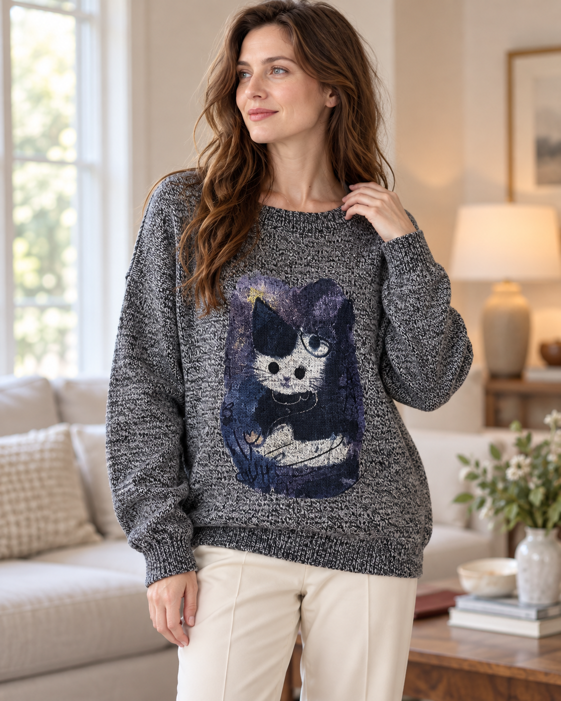 Women's Cat Graphic Wool Sweater – Relaxed Crewneck Knit Pullover