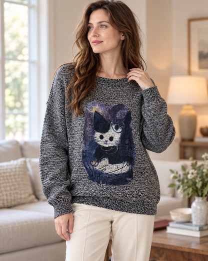 Women's Cat Graphic Wool Sweater – Relaxed Crewneck Knit Pullover