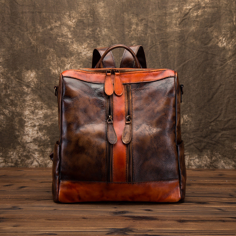 Casual Travel Color Matching Leather Backpack