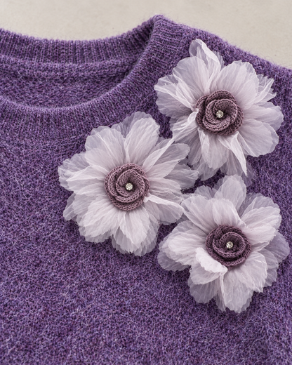 Women's Floral Wool Sweater – Flower Embellished Crewneck Knit Pullover