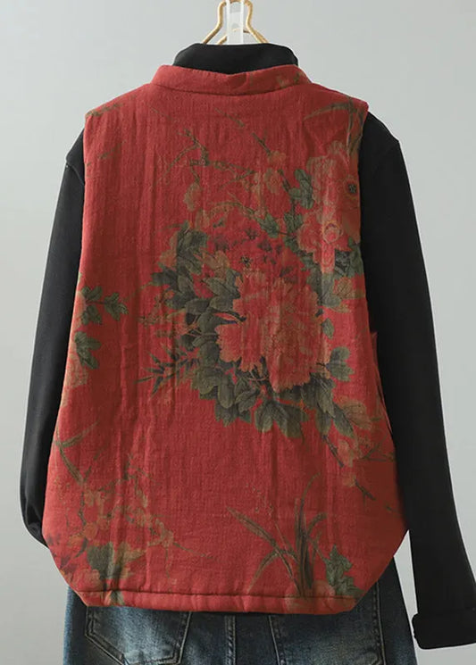 Vintage Red Tassel Print Patchwork Fine Cotton Filled Vest Winter