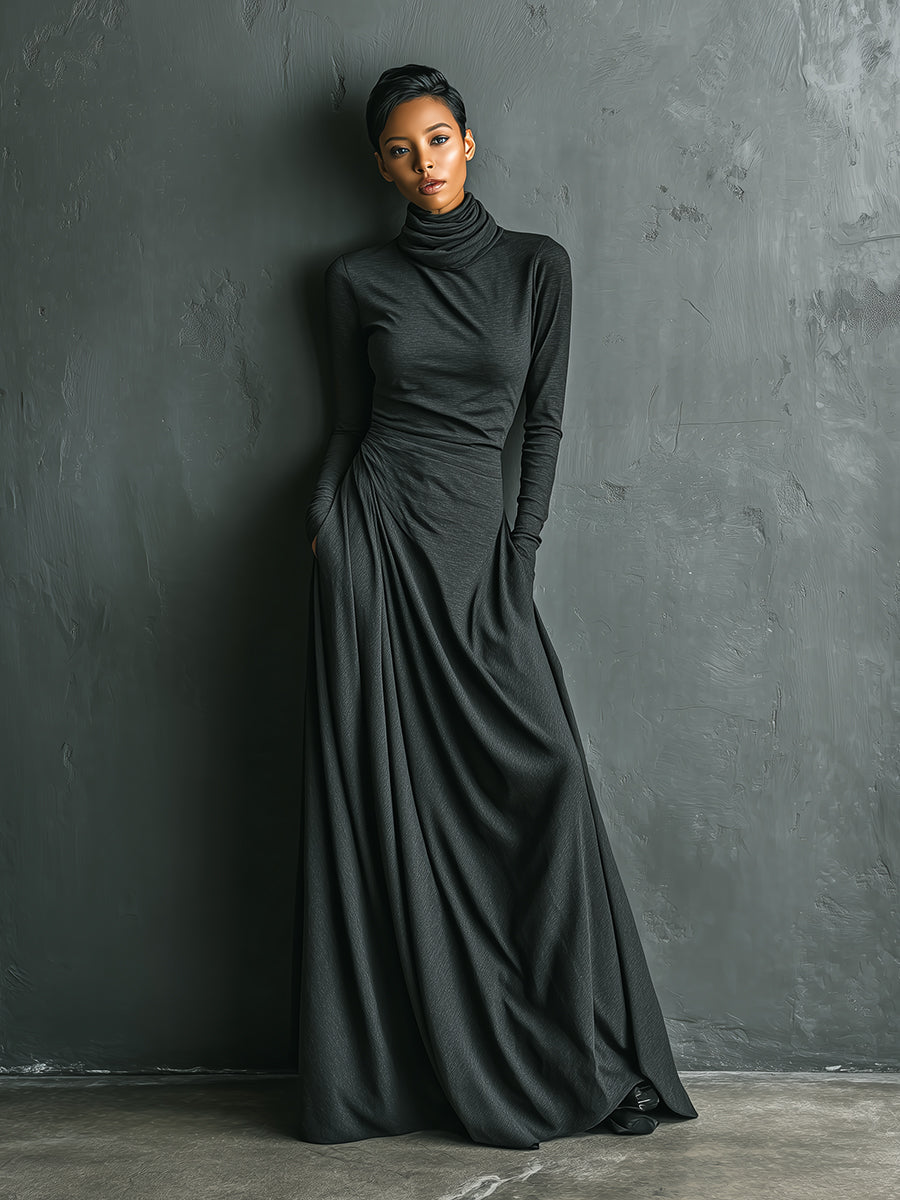 Women's Charcoal Elegant Stretch Polyester-Cotton Blend Turtleneck Draped Maxi Dress