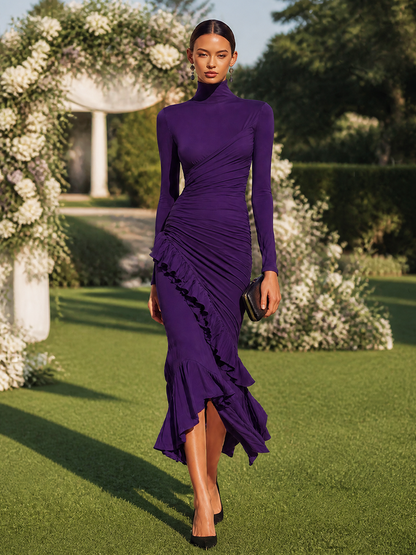 Women's Evening Ruched Ruffle Turtleneck Midi Dress