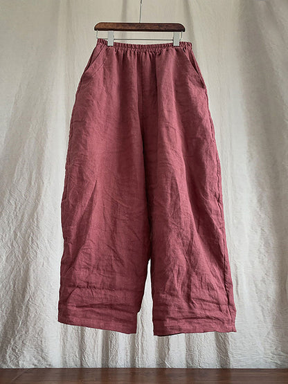 Women Spring Casual Solid Loose Elastic Waist Linen Pants