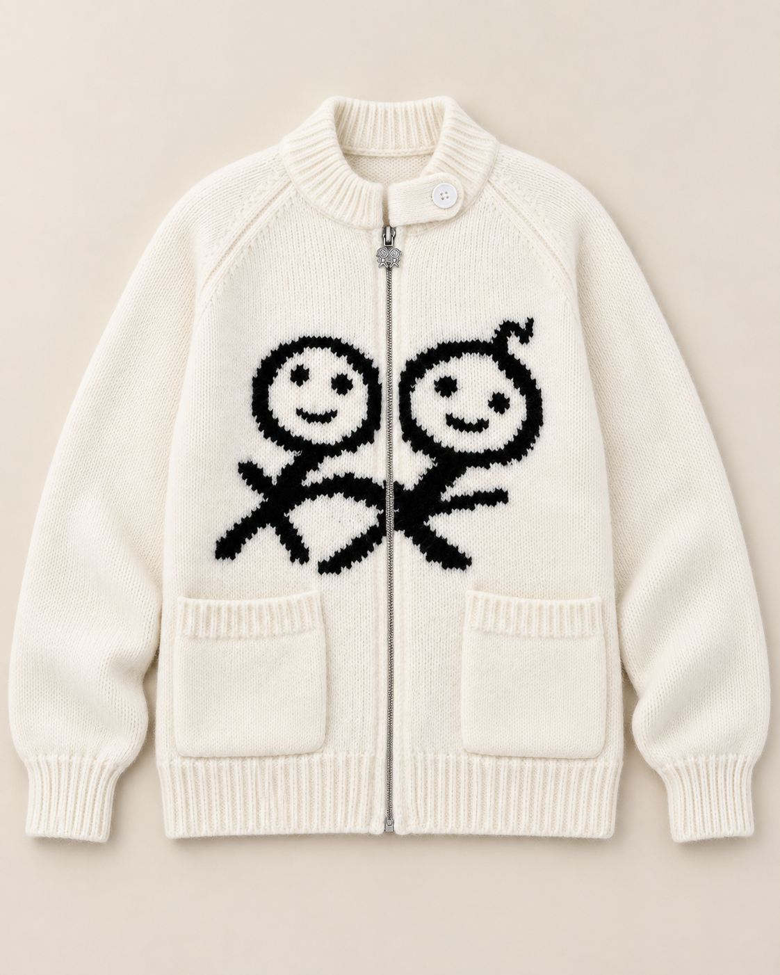 Women's Zip-Up Wool Cardigan – Smiley Graphic Knit Sweater with Pockets