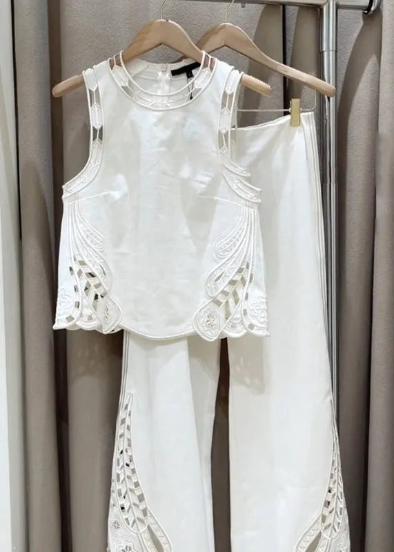 New White Zippered Hollow Out Solid Cotton Two Pieces Set Sleeveless